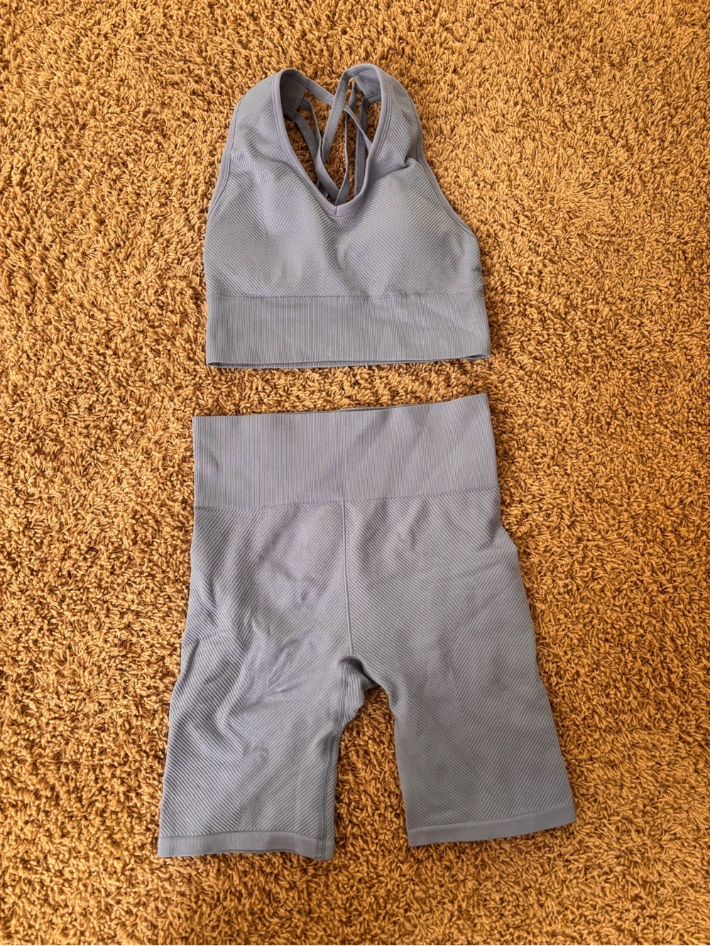 New Balance Light Gray Ribbed High-Waist Bike Shorts and Strappy Sports Bra Set